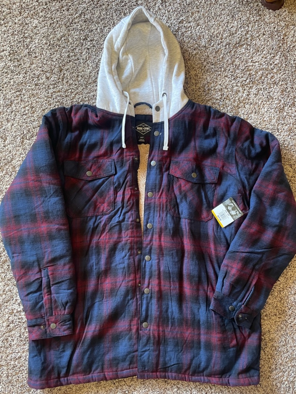 Work N Sport Sherpa Lined Quilted Hooded Flannel Shirt Jacket Men’s 2XT 2XL Tall